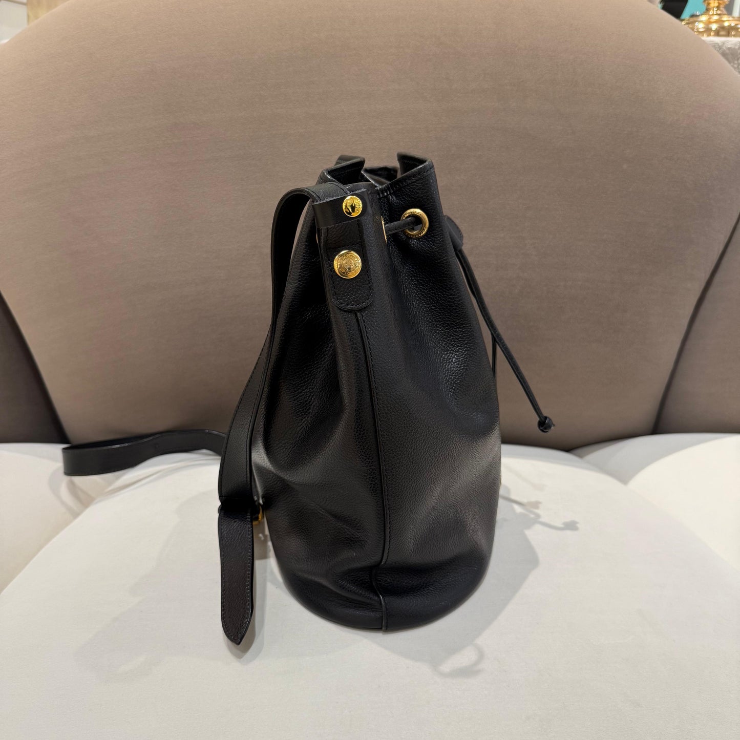 Burberry London Vintage Black Leather Nova Check Drawstring Shoulder Bag