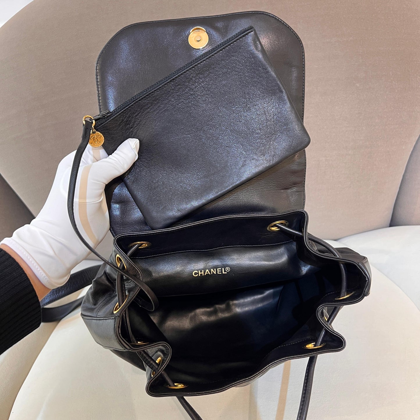 Chanel Vintage Coco Mark Black Lambskin Leather Backpack