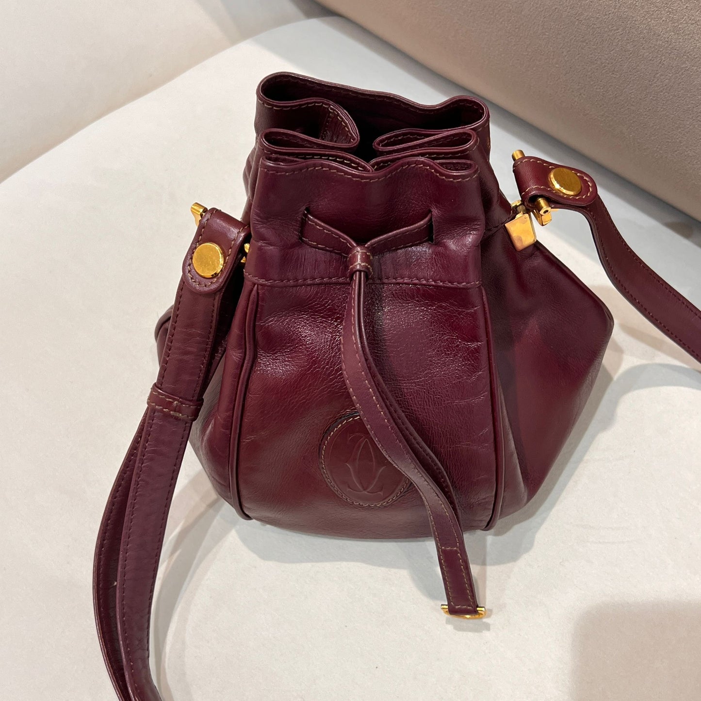 Cartier Vintage Brown Leather Drawstring Shoulder Bag