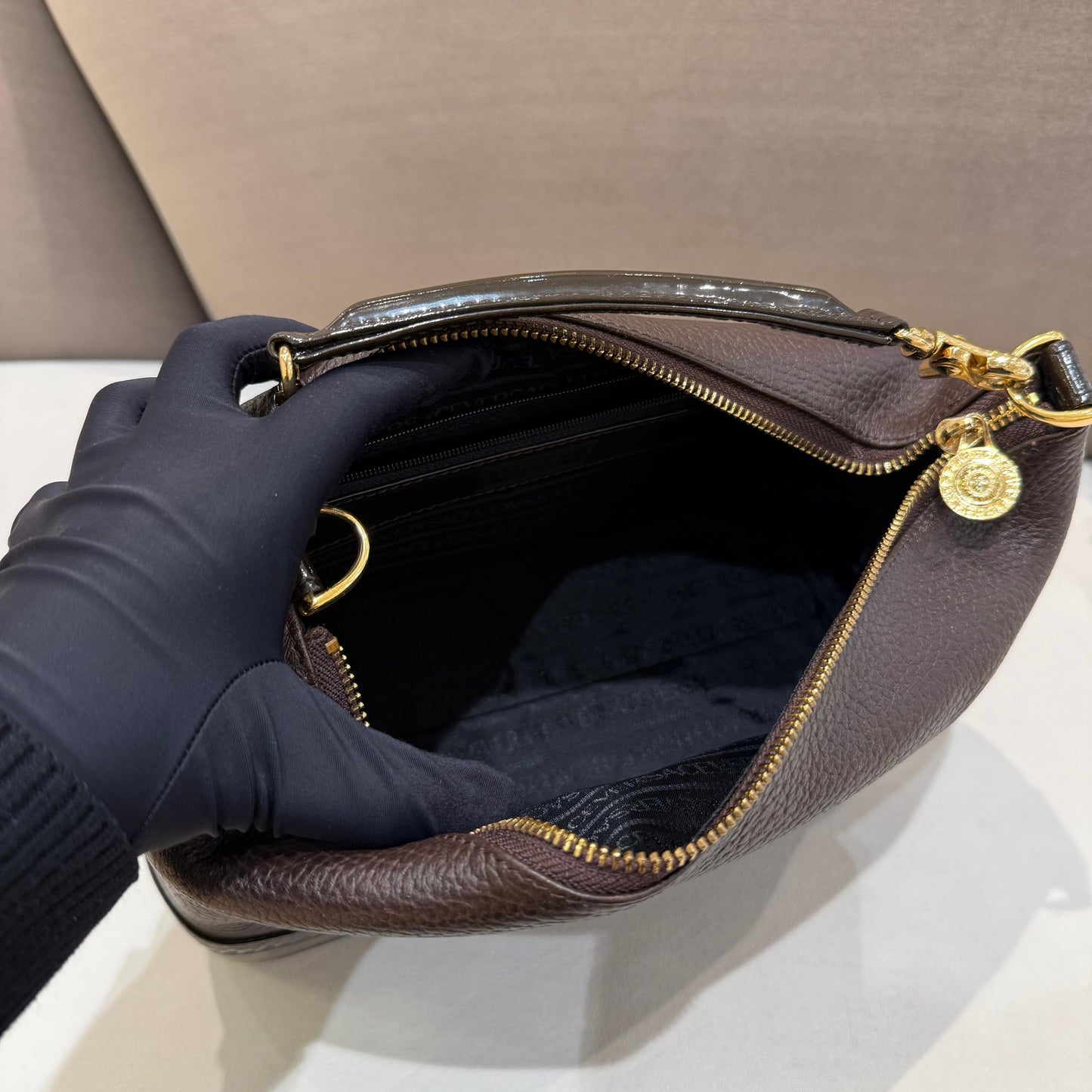 Versace Vintage Brown Grained Leather Medusa Sunburst Shoulder Bag