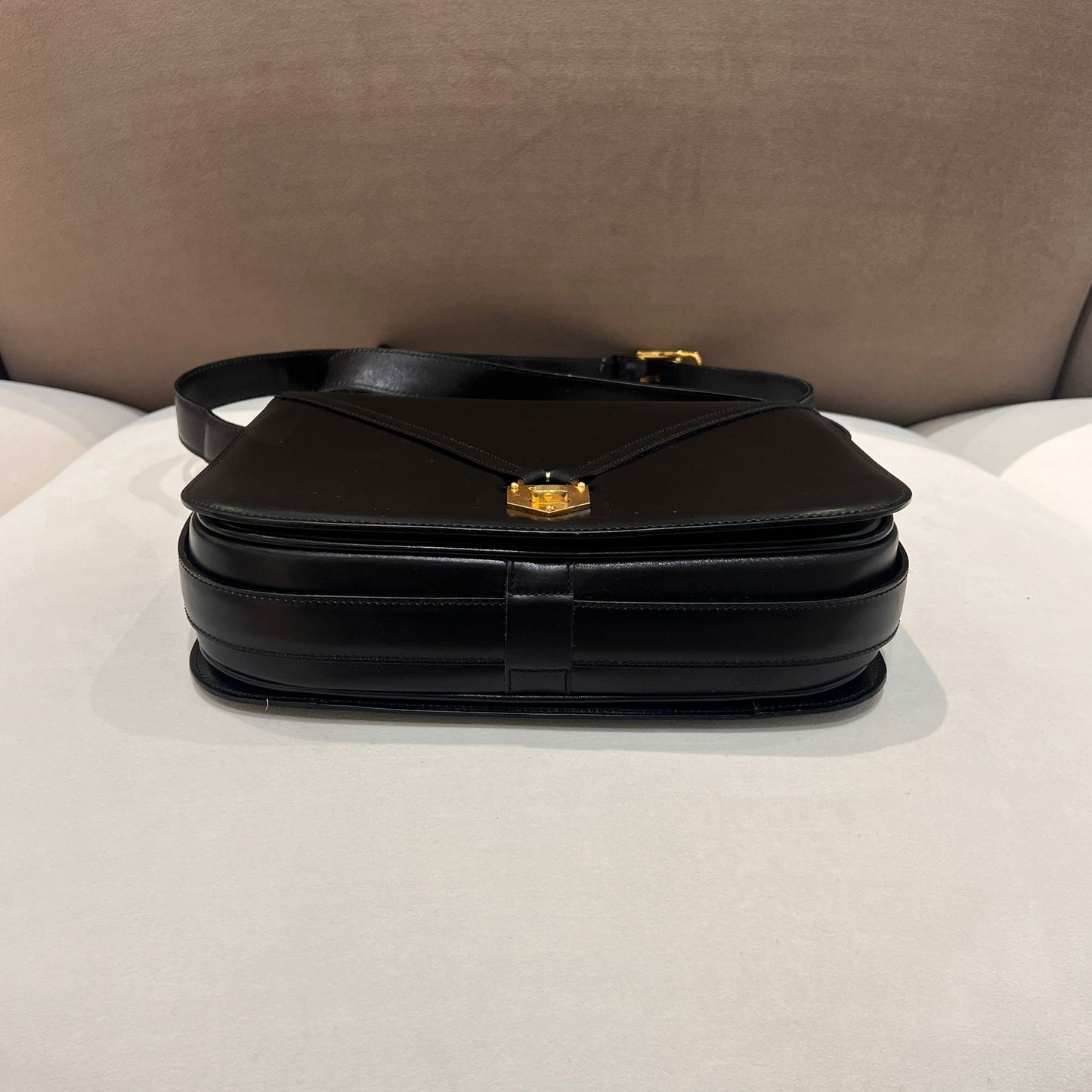 Celine Vintage Black Leather Turn Lock Shoulder Bag