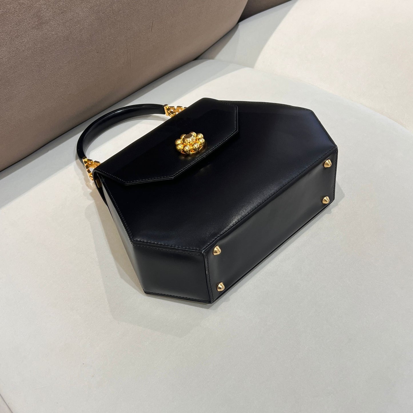 Bally Vintage Black Leather Hexagonal Top Handle Handbag