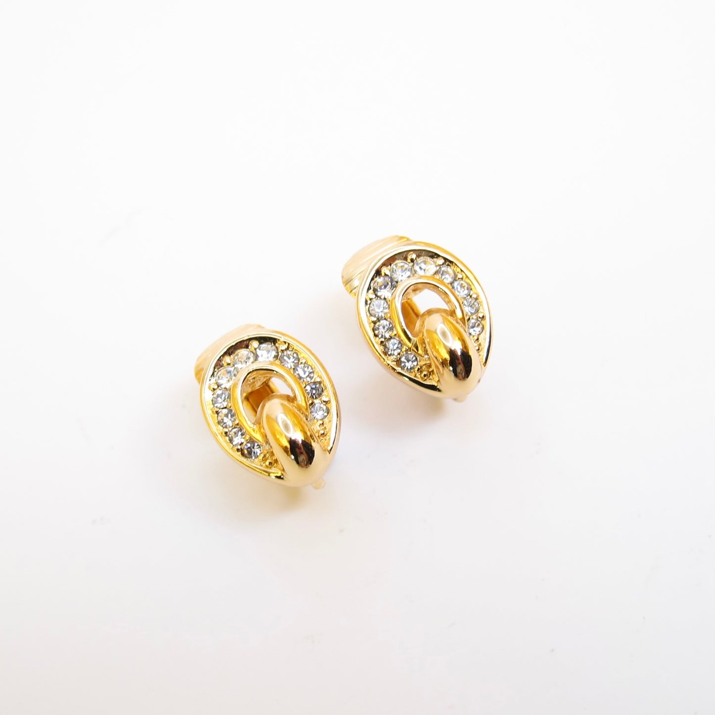 Christian Dior Vintage Oval Shape and Rhinestone Golden Clip-on Earrings