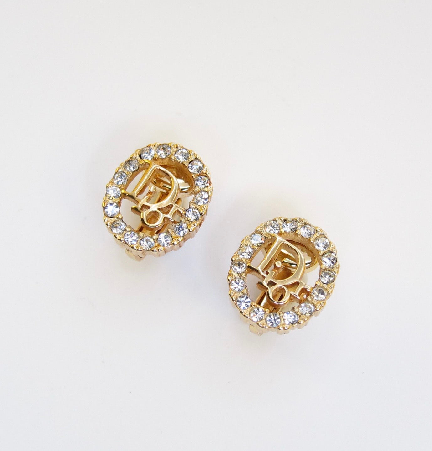 Christian Dior Vintage Dior Logo in Oval Shape with Rhinestone Golden Clip-on Earrings