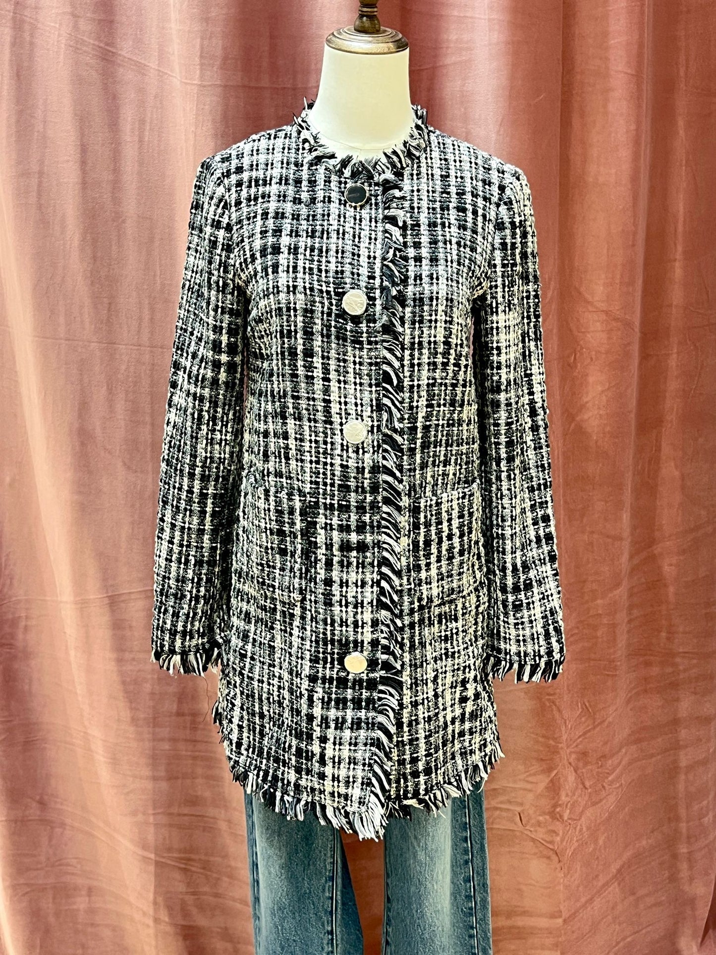 Kate Spade Black and White Checkered Cotton Tweed Jacket