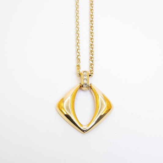 Yves Saint Laurent Vintage Rhombus and Rhinestone Pendant Golden Long Necklace