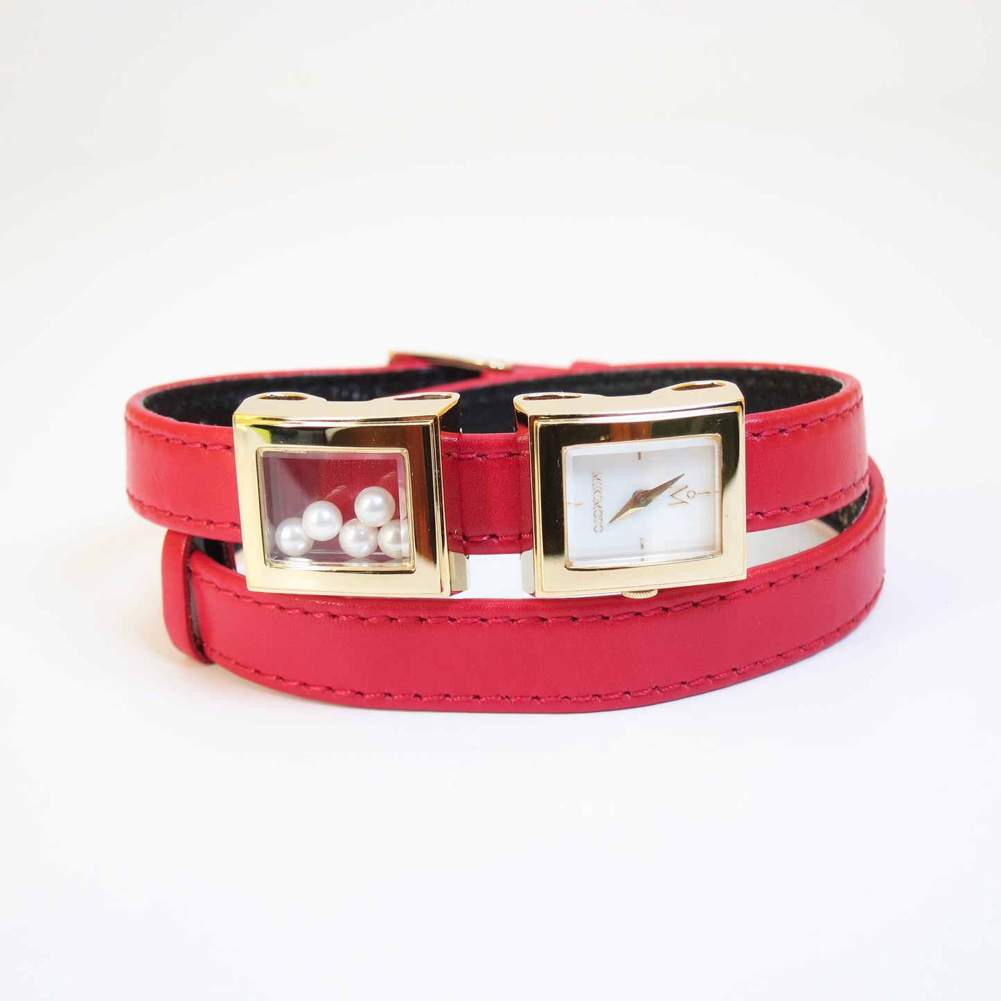 Mikimoto Vintage Pearl Face with Pearl Box Watch with Red Color Leather Strap
