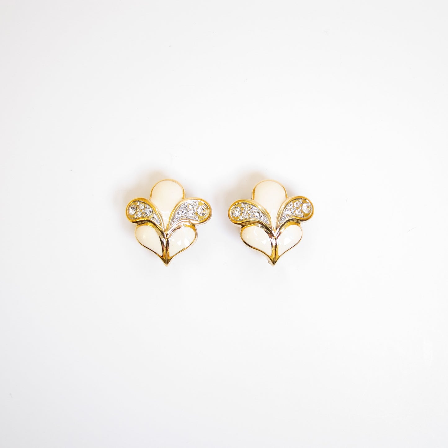 Nina Ricci Vintage White and Rhinestone Golden Clip-on Earrings