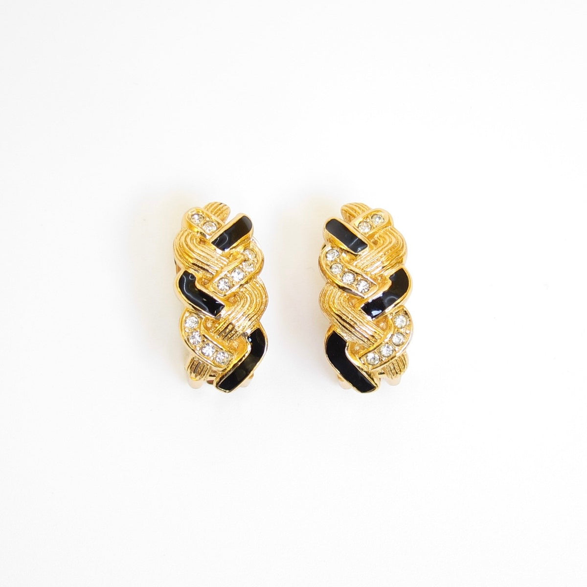 Christian Dior Vintage Black Enamel Rhinestone Twist Gold-Tone Clip-On Earrings