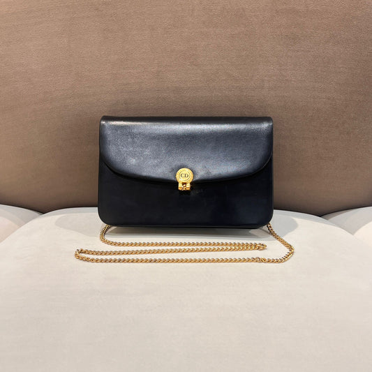 Christian Dior Vintage Black Leather Cd Chain Shoulder Bag