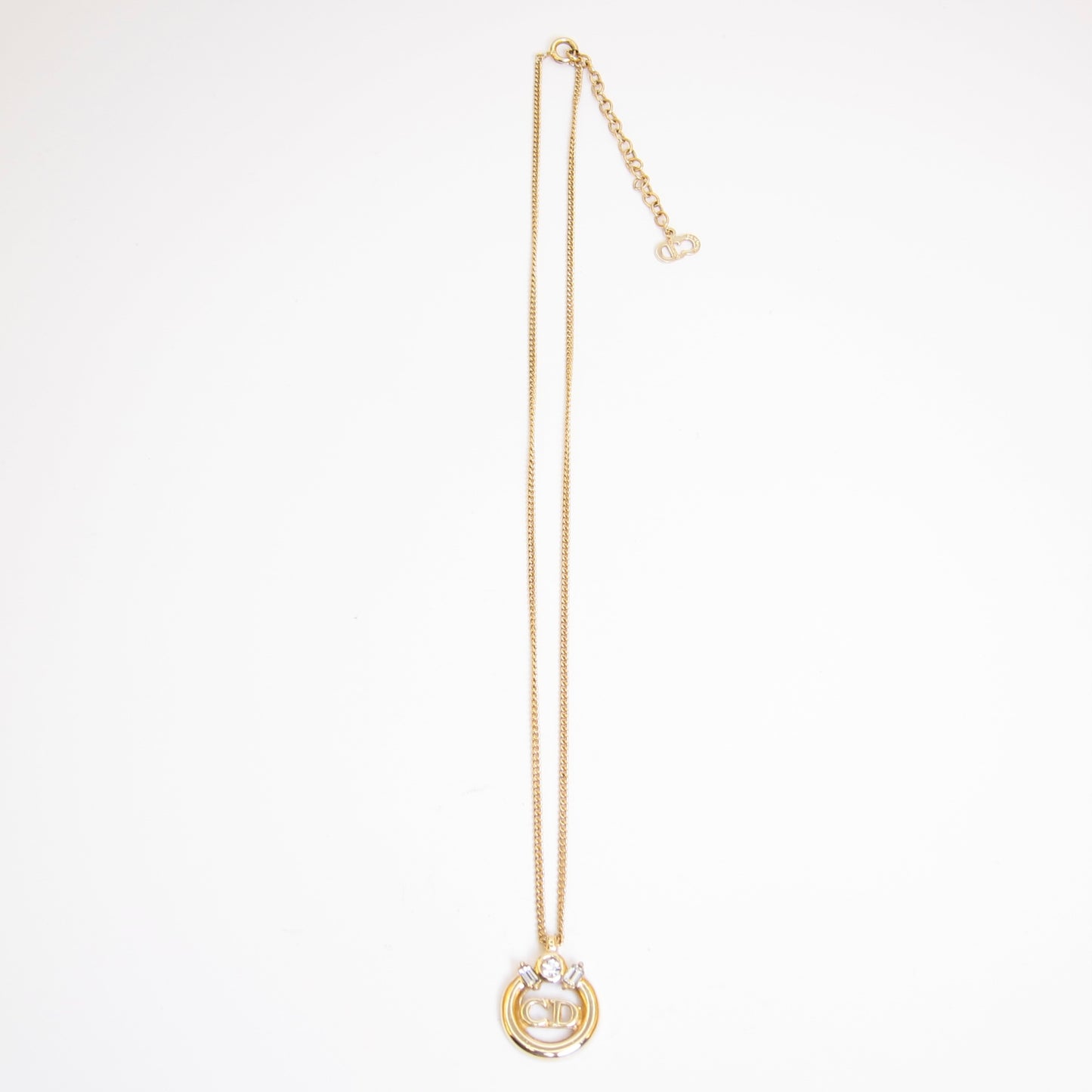 Christian Dior Vintage CD Logo in Circle with Rhinestone Golden Necklace