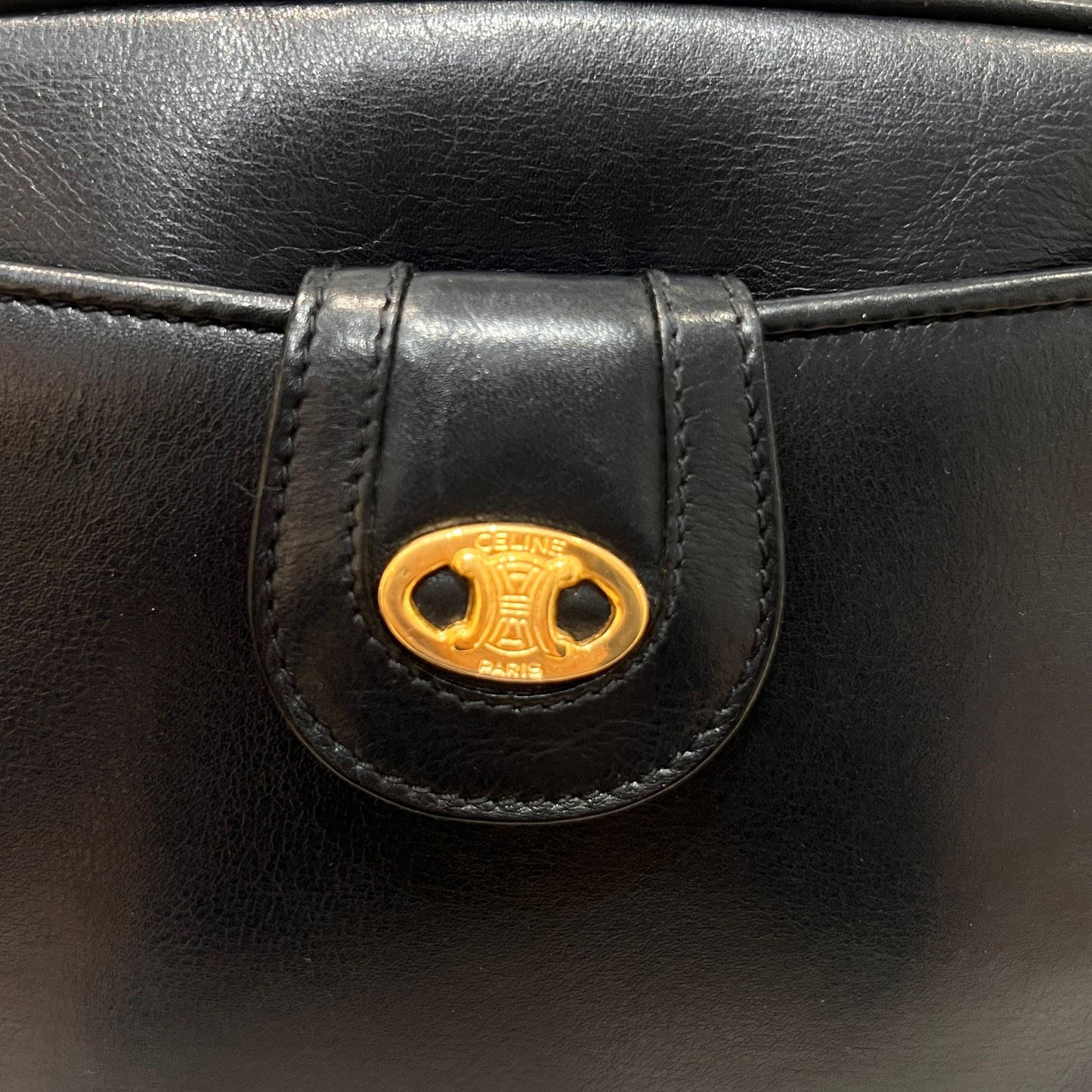Celine Vintage Black Leather Oval Clasp Shoulder Bag