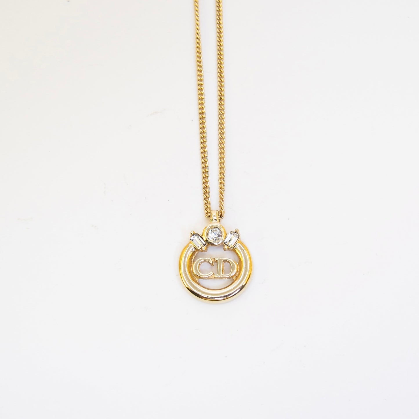 Christian Dior Vintage CD Logo in Circle with Rhinestone Golden Necklace