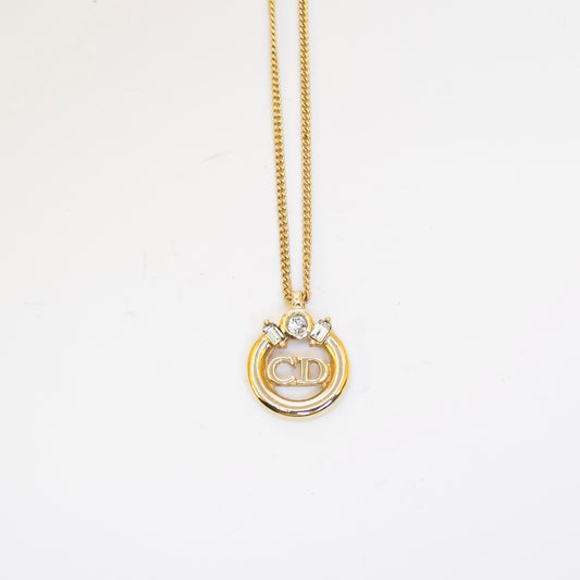 Christian Dior Vintage CD Logo in Circle with Rhinestone Golden Necklace