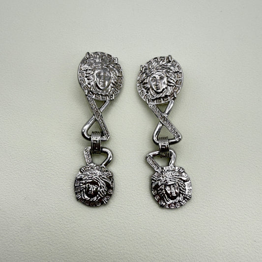 Gianni Versace Vintage Medusa in Round Shape Dangling Silver Clip-on Earrings