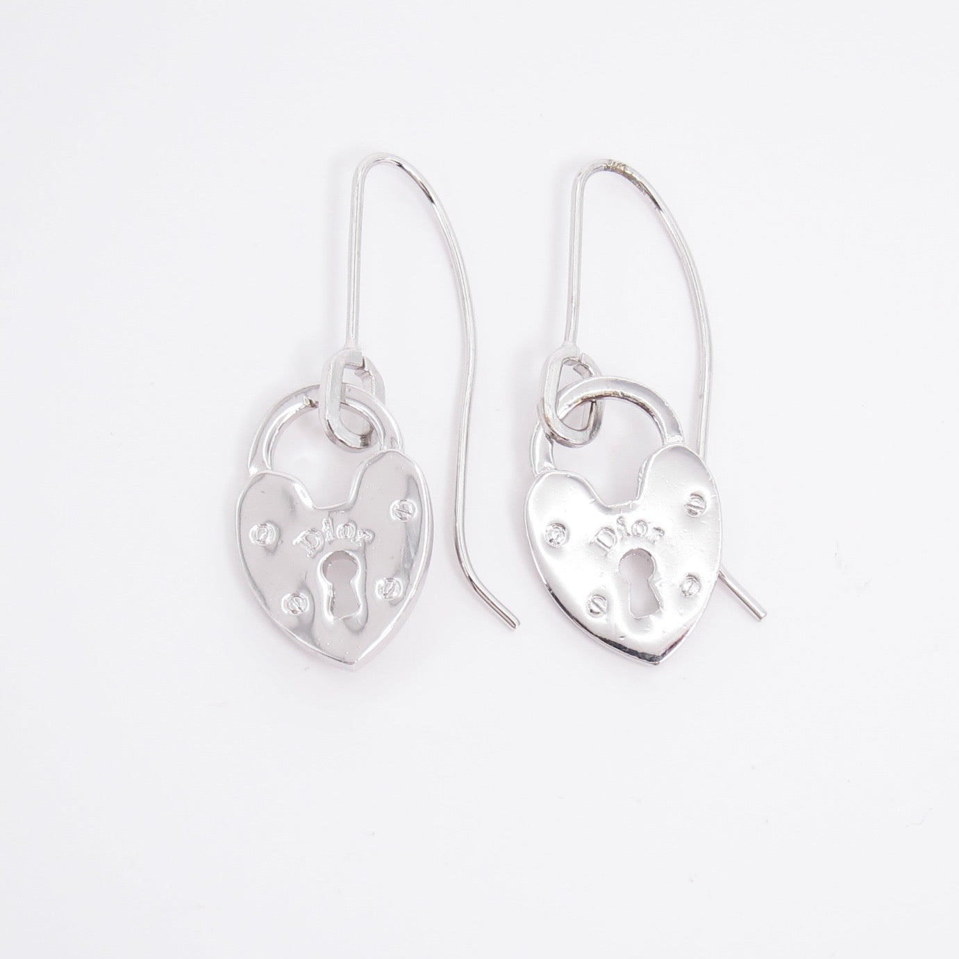 Christian Dior Vintage Dior Logo on Heart Lock Dangle Silver Earrings