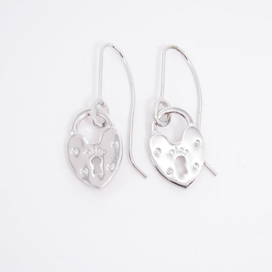 Christian Dior Vintage Dior Logo on Heart Lock Dangle Silver Earrings