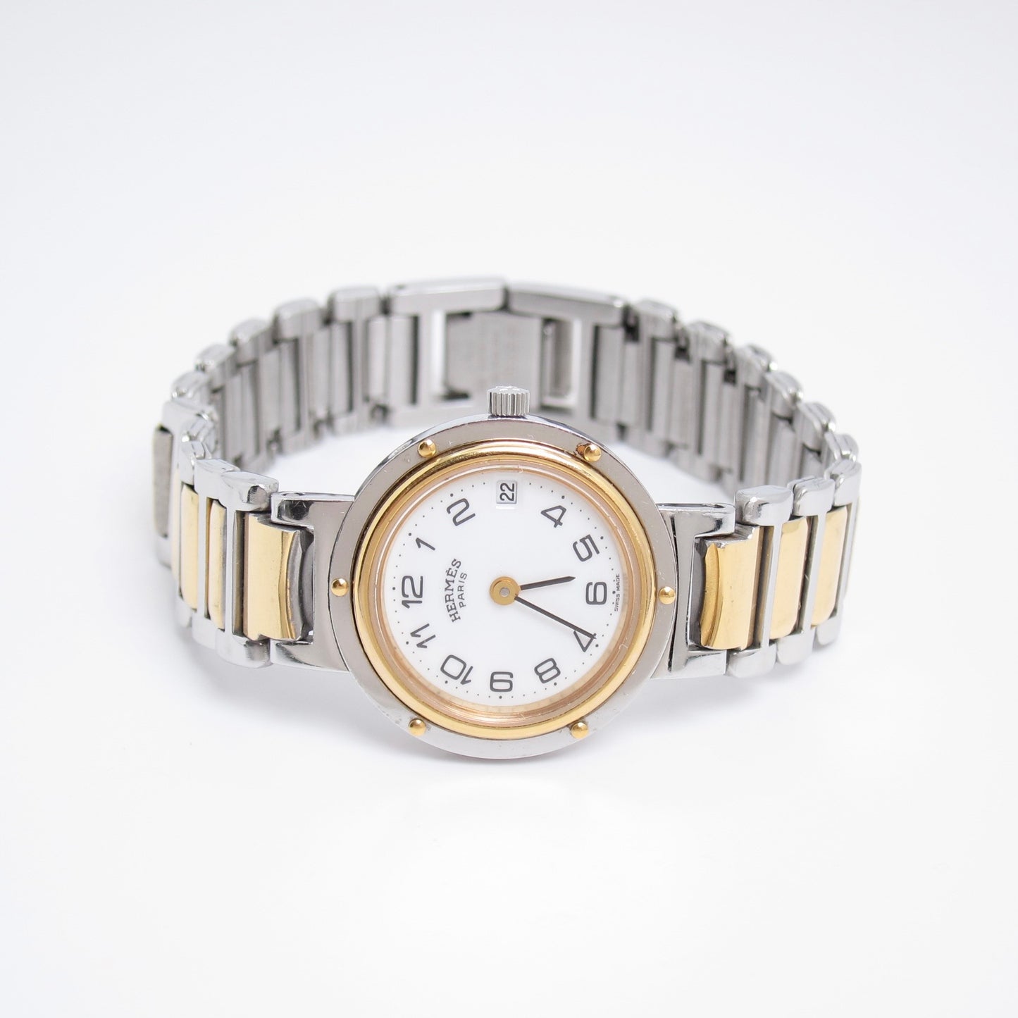 Hermes Vintage Clipper White Face with Date Two Tone Watch
