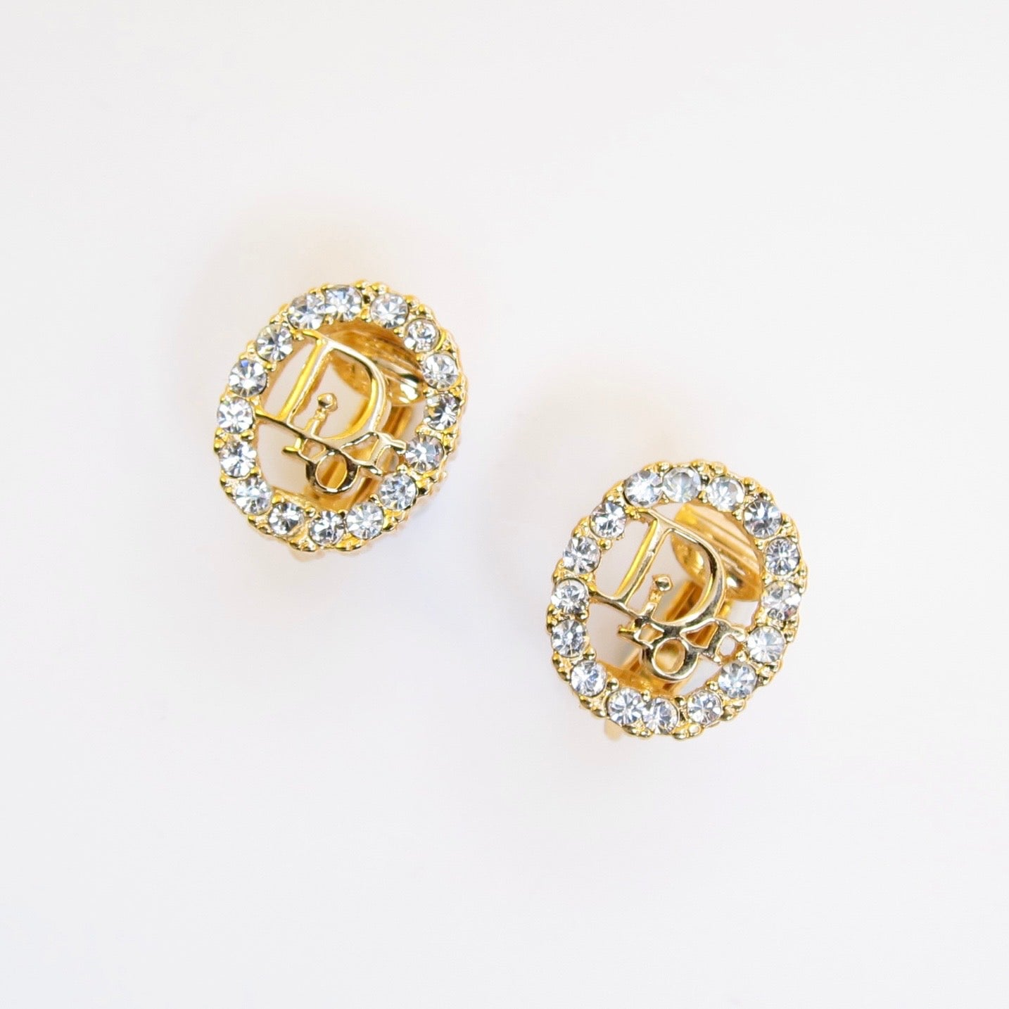 Christian Dior Vintage Dior Logo in Oval Shaped with Rhinestone Golden Clip-on Earrings