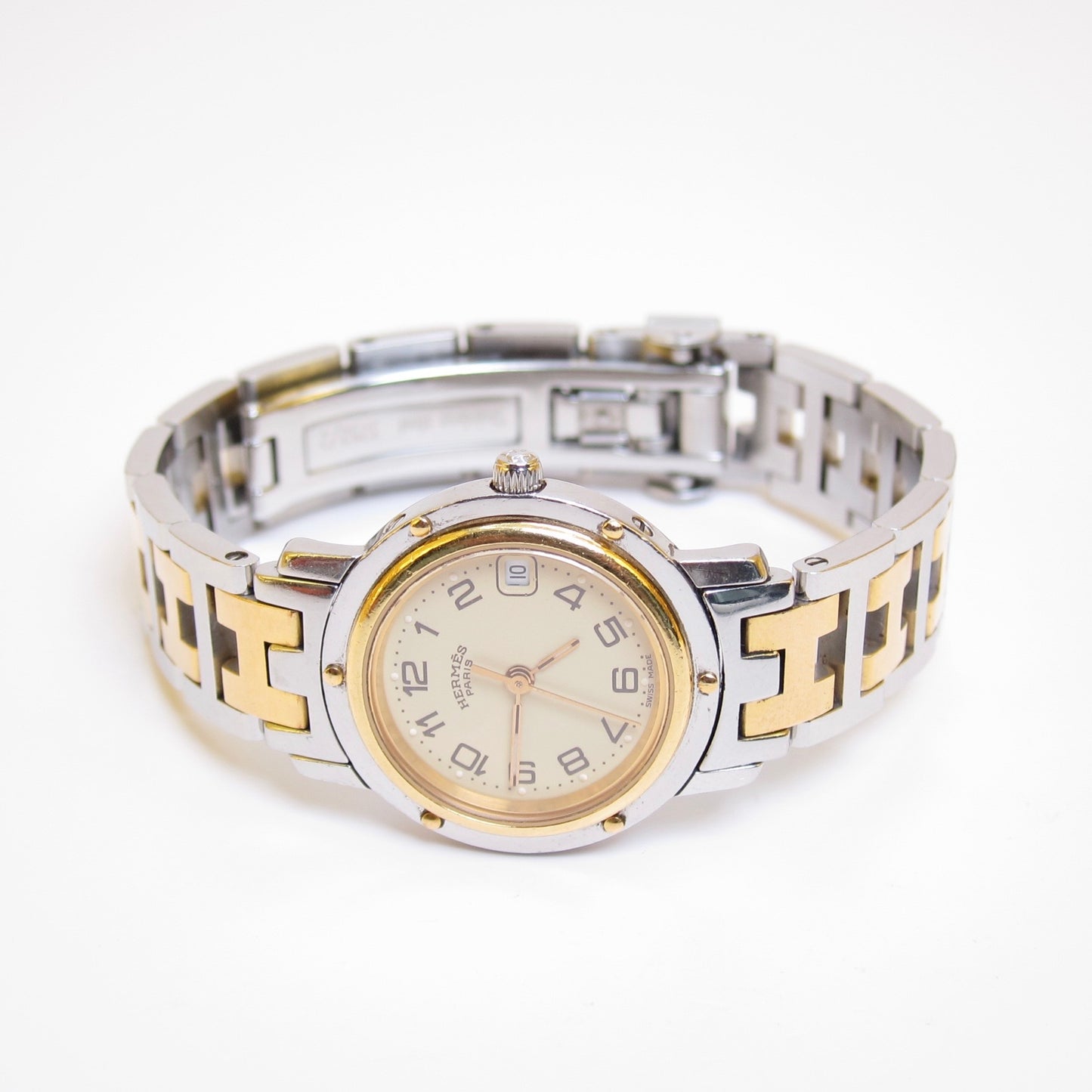 Hermes Vintage Clipper Ivory Face with Date and H Bracelet Two Tone Watch
