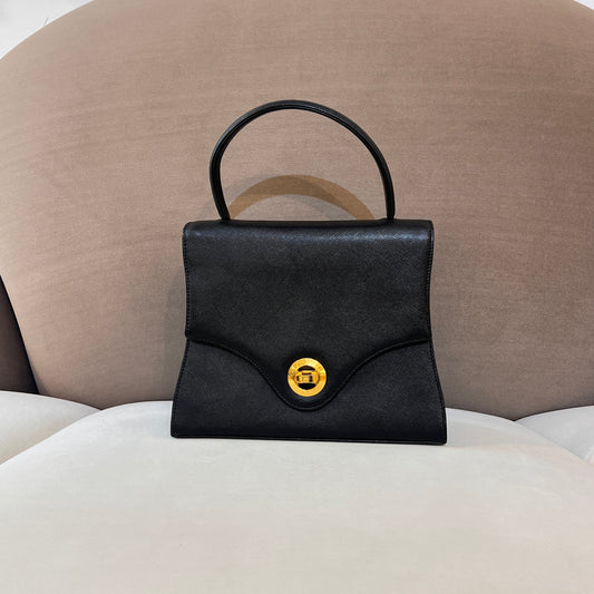 Givenchy Vintage Black Leather Gold Logo Turn Lock Top Handle Bag