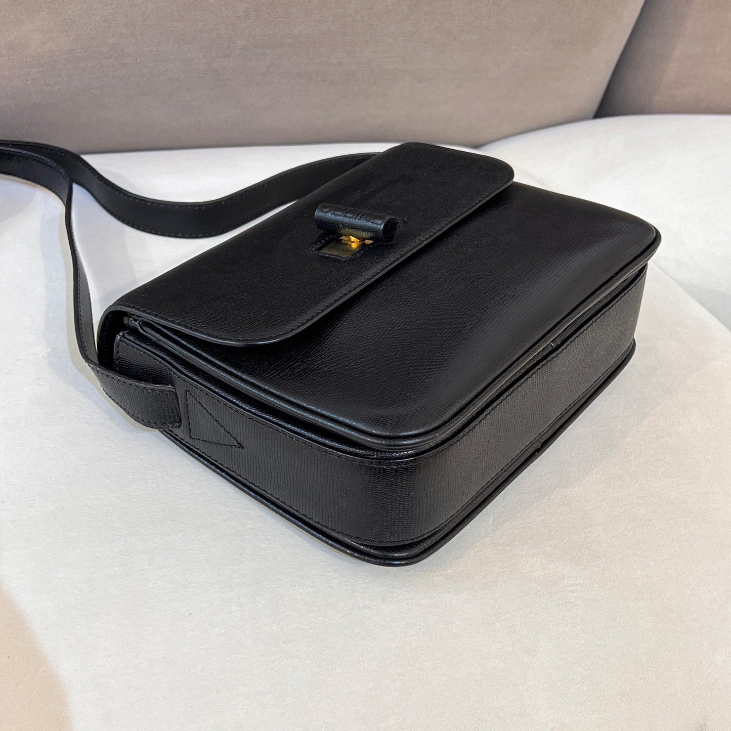 Celine Vintage Black Leather Turn Lock Shoulder Bag