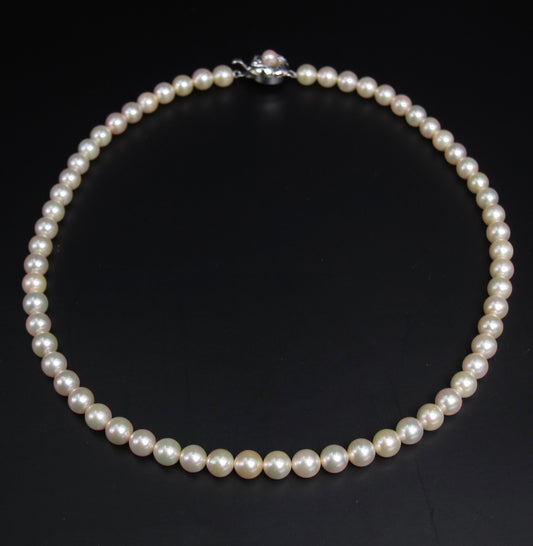 No Brand Vintage Akoya Pearl with Silver Flower Buckle Necklace