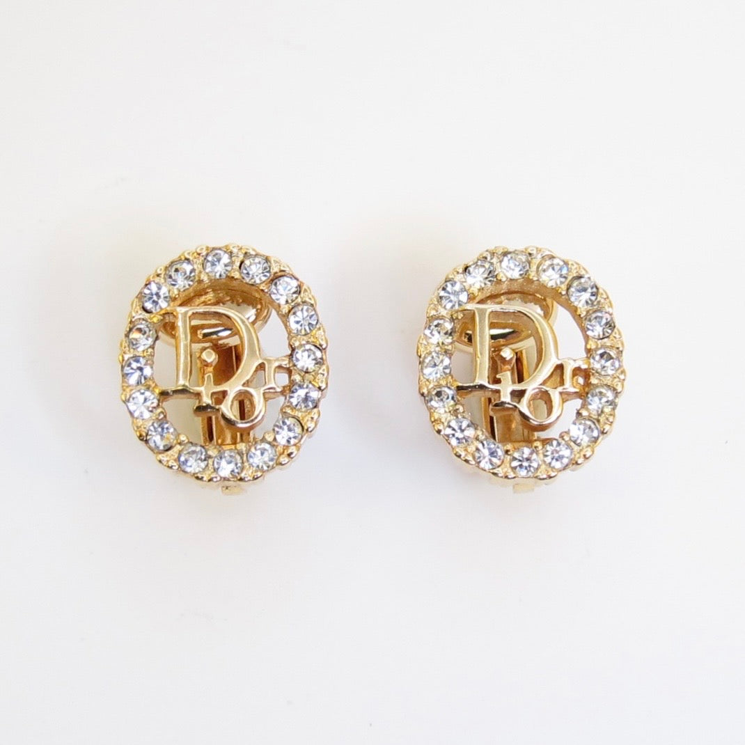Christian Dior Vintage Dior Logo in Oval Shape with Rhinestone Golden Clip-on Earrings