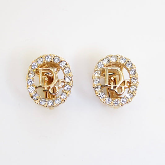 Christian Dior Vintage Dior Logo in Oval Shape with Rhinestone Golden Clip-on Earrings