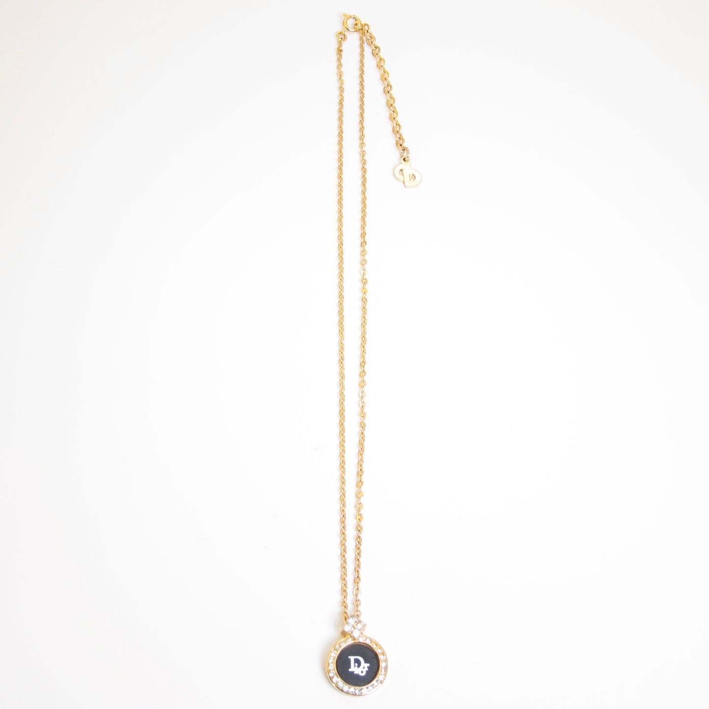 Christian Dior Vintage Dior Logo on Black Circle with Rhinestone Golden Necklace