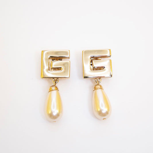 Givenchy Vintage G Logo and Pearl Swing Golden Clip-on Earrings