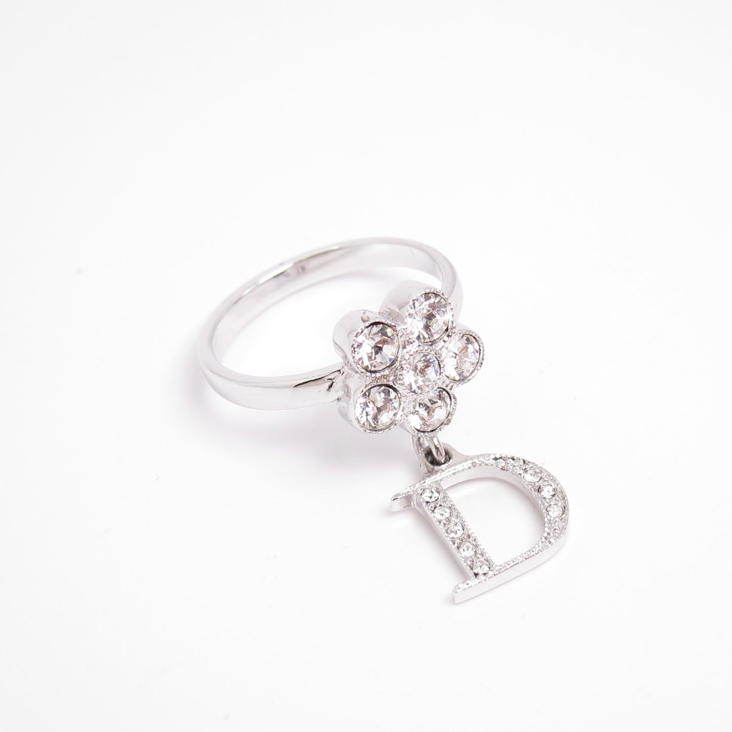 Christian Dior Vintage D Logo and Flower with Rhinestone Silver Ring
