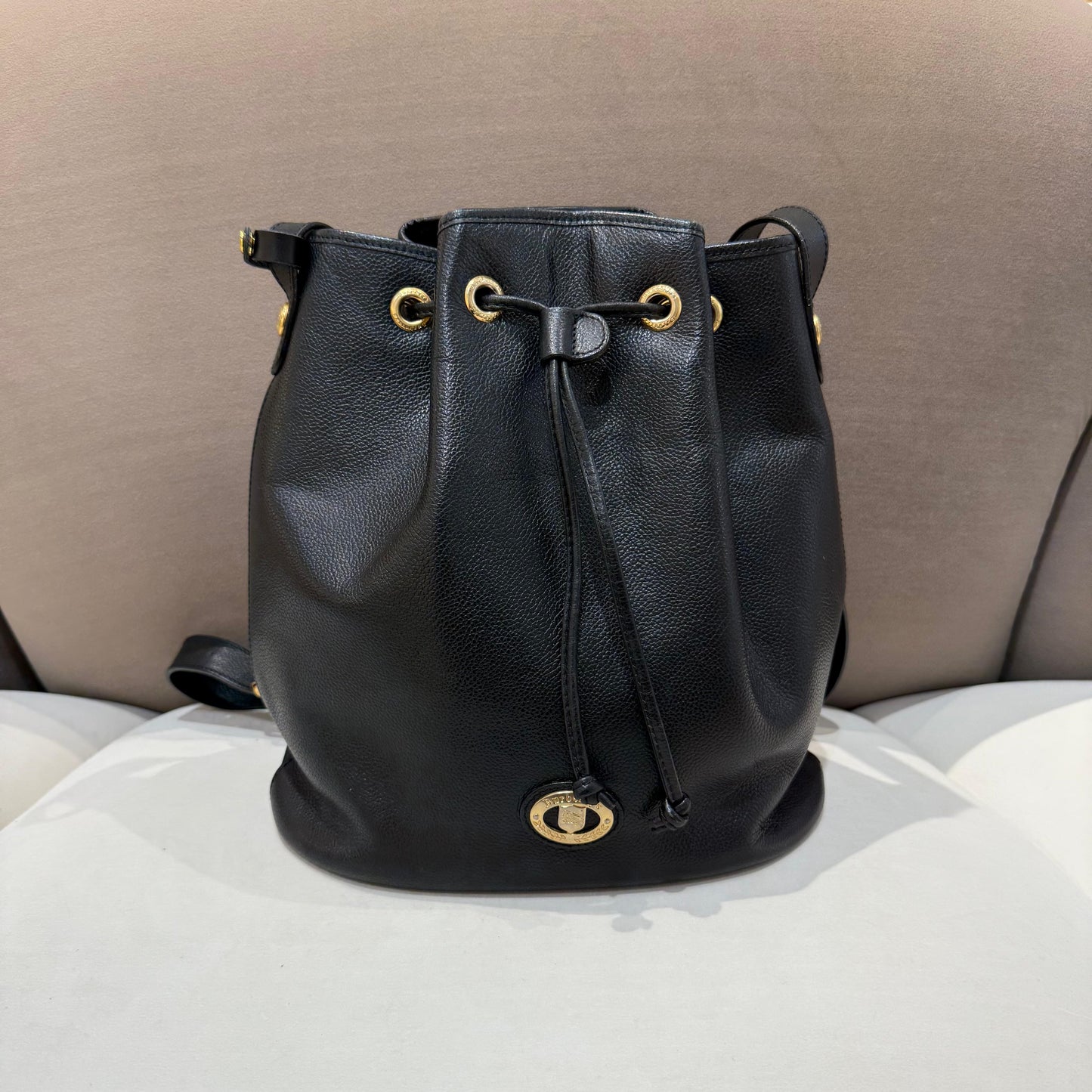 Burberry London Vintage Black Leather Nova Check Drawstring Shoulder Bag