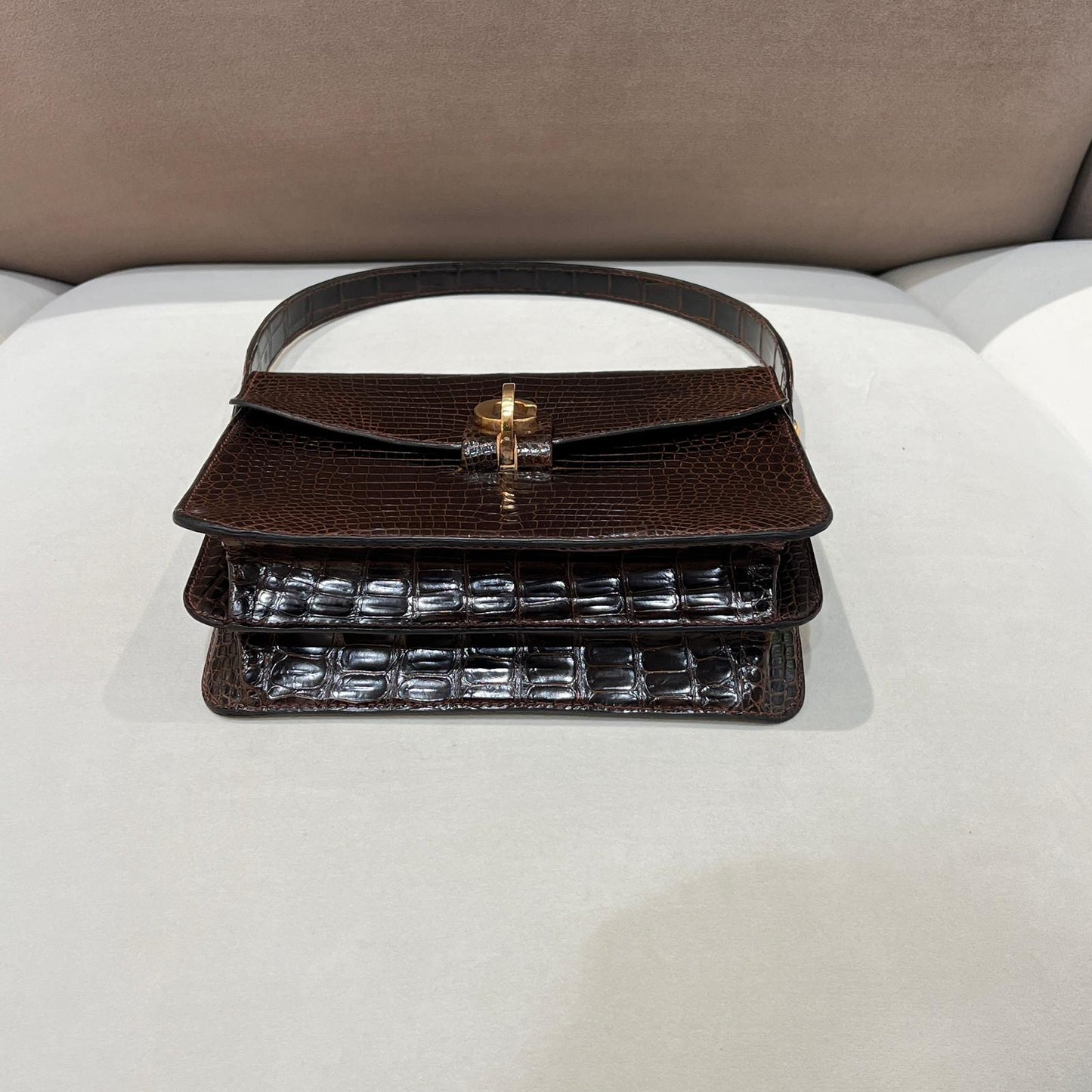 Christian Dior Vintage Crocodile-Embossed Brown G-Clasp Handbag