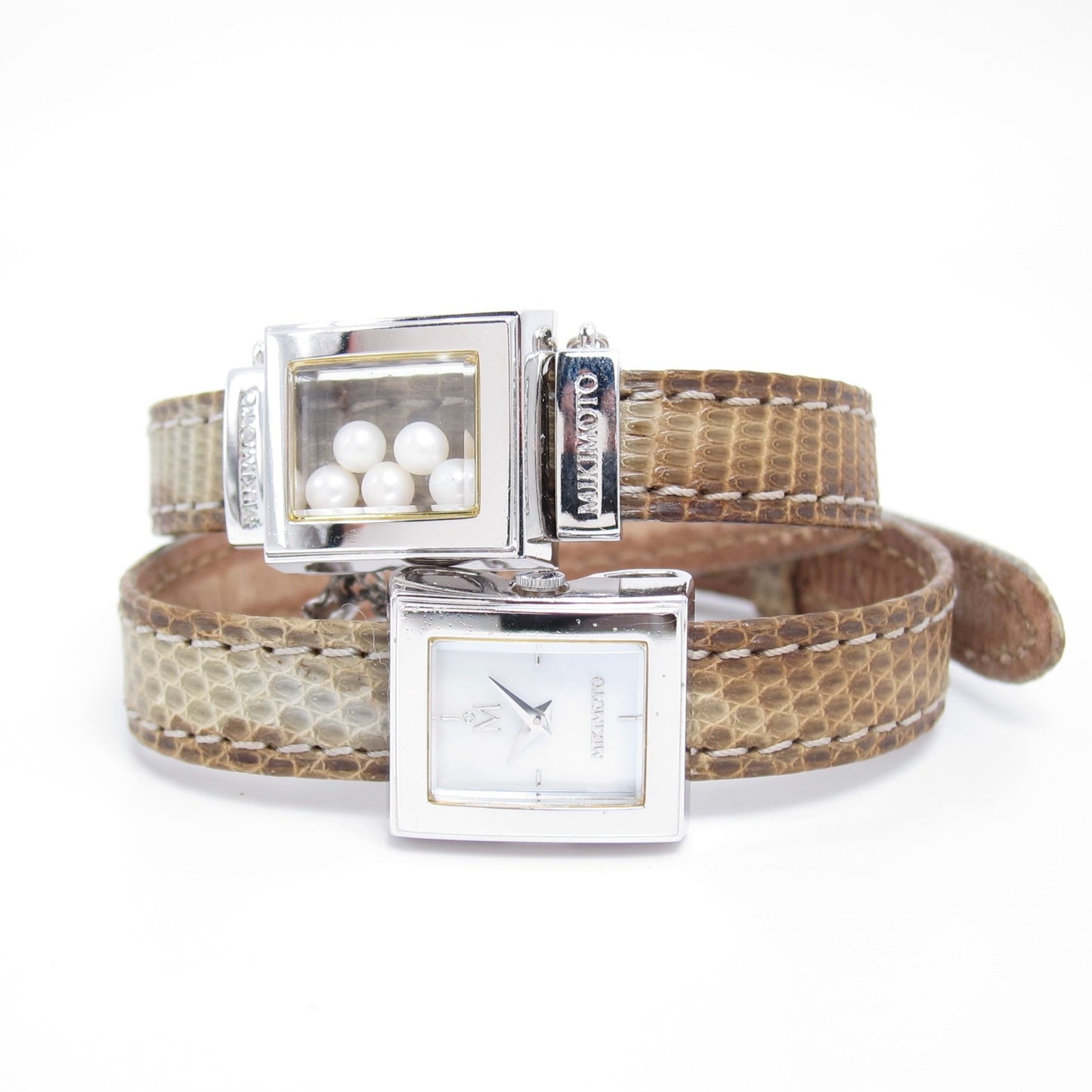 Mikimoto Vintage Shell Pearl Face and Pearl Box with Leather Strap Watch