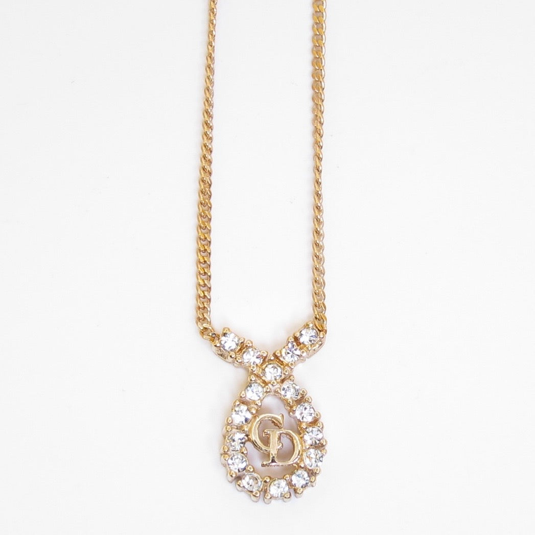 Christian Dior Vintage CD Logo in Drop Shaped with Rhinestone Golden Necklace