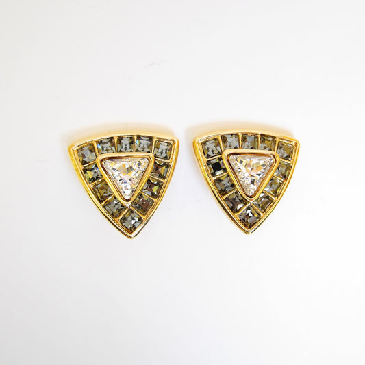 Yves Saint Laurent Vintage Triangle Two Tone Stone Golden Clip-on Earrings