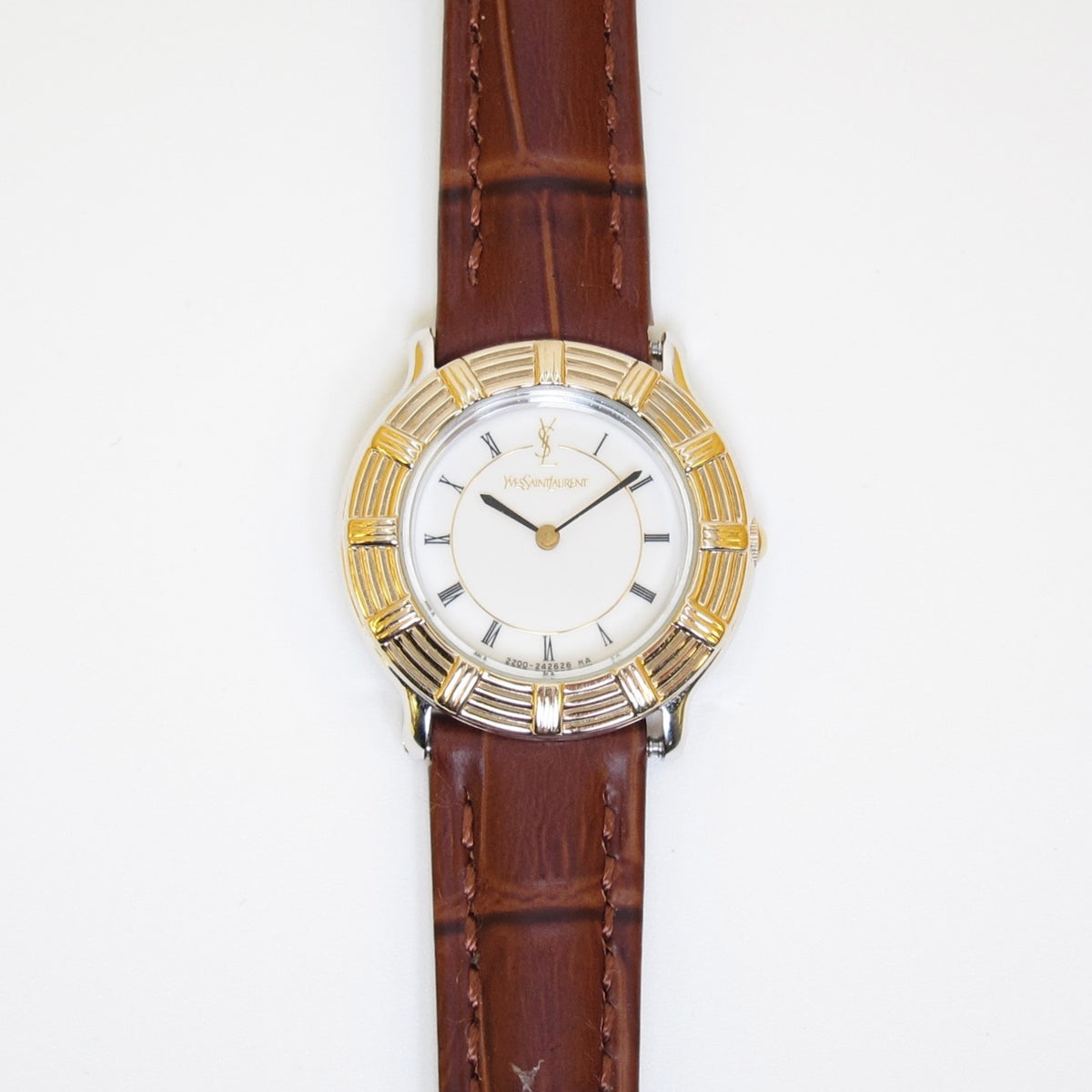 Yves Saint Laurent Vintage Round White Face with Brown Leather Strap Two Tone Watch