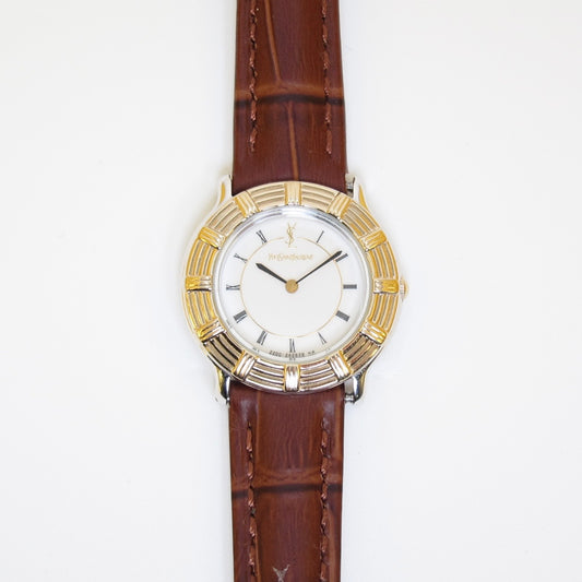 Yves Saint Laurent Vintage Round White Face with Brown Leather Strap Two Tone Watch
