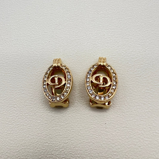 Christian Dior Vintage CD Logo Oval Shap with Rhinestone Golden Clip-on Earrings