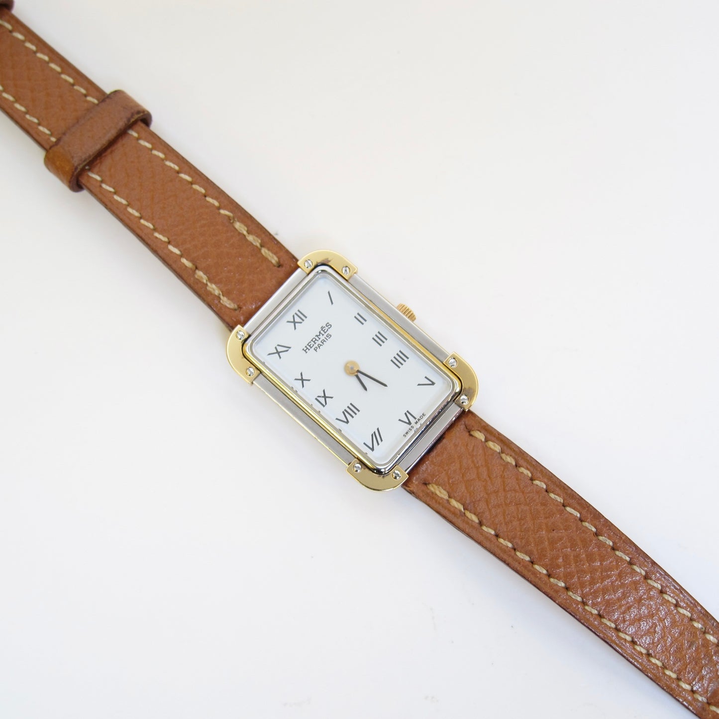 Hermes Vintage Croisière Rectangle White Face and Brown Leather Strap Watch