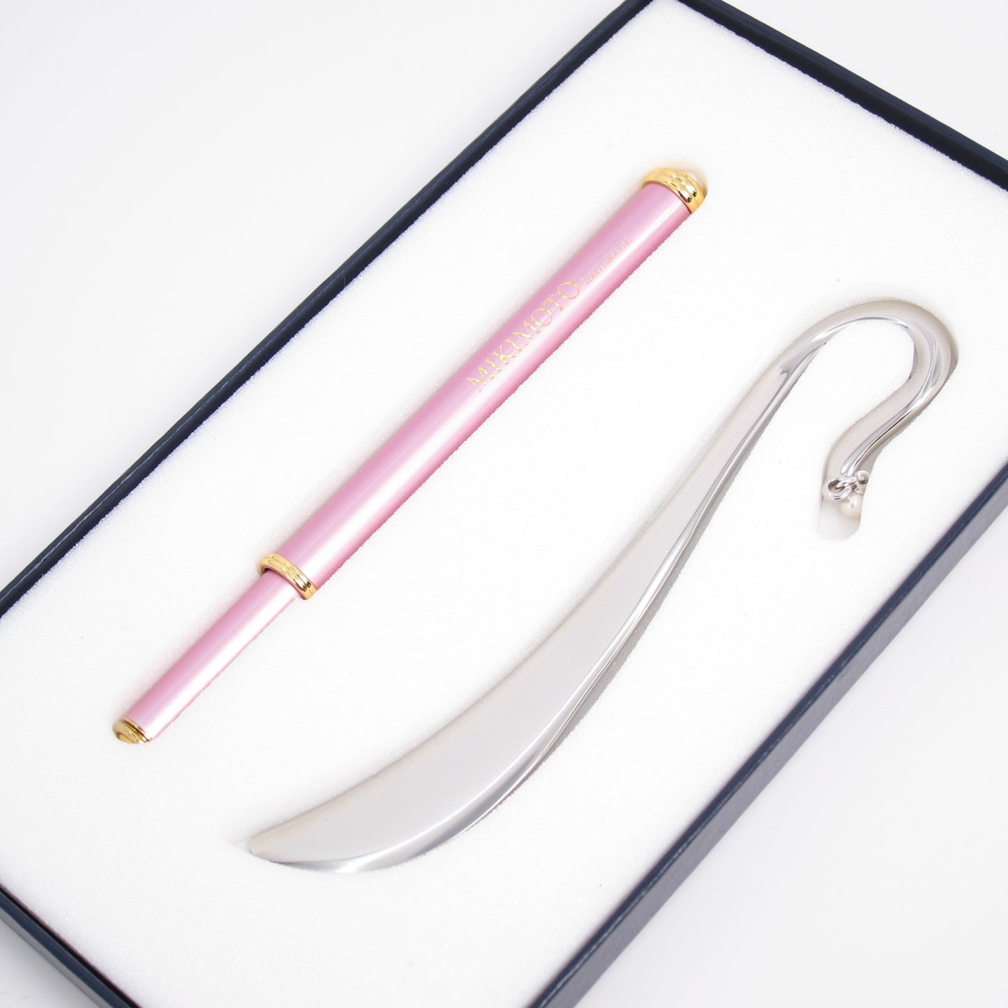 Mikimoto Vintage Pink Ballpoint Pen and Book Mark with Pearl Box Set