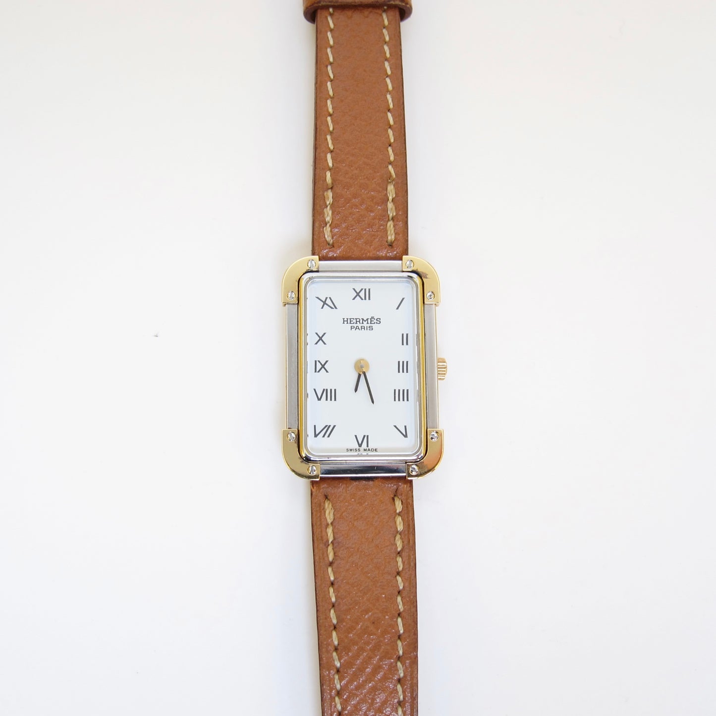 Hermes Vintage Croisière Rectangle White Face and Brown Leather Strap Watch