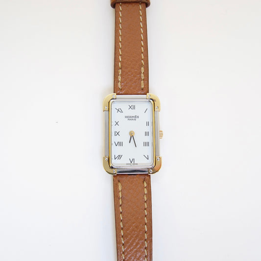 Hermes Vintage Croisière Rectangle White Face and Brown Leather Strap Watch