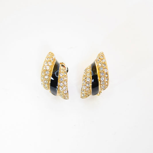 Christian Dior Vintage Stylish Black and Rhinestone Golden Clip-on Earrings