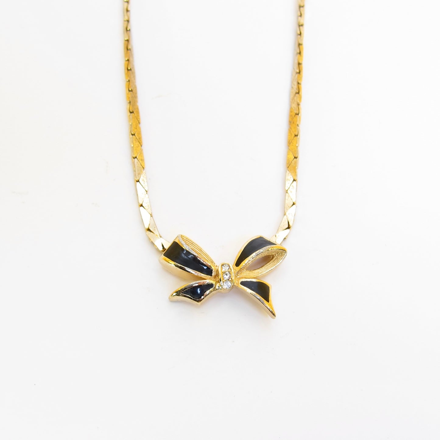 Christian Dior Vintage Ribbon Motif Black and Rhinestone Golden Necklace