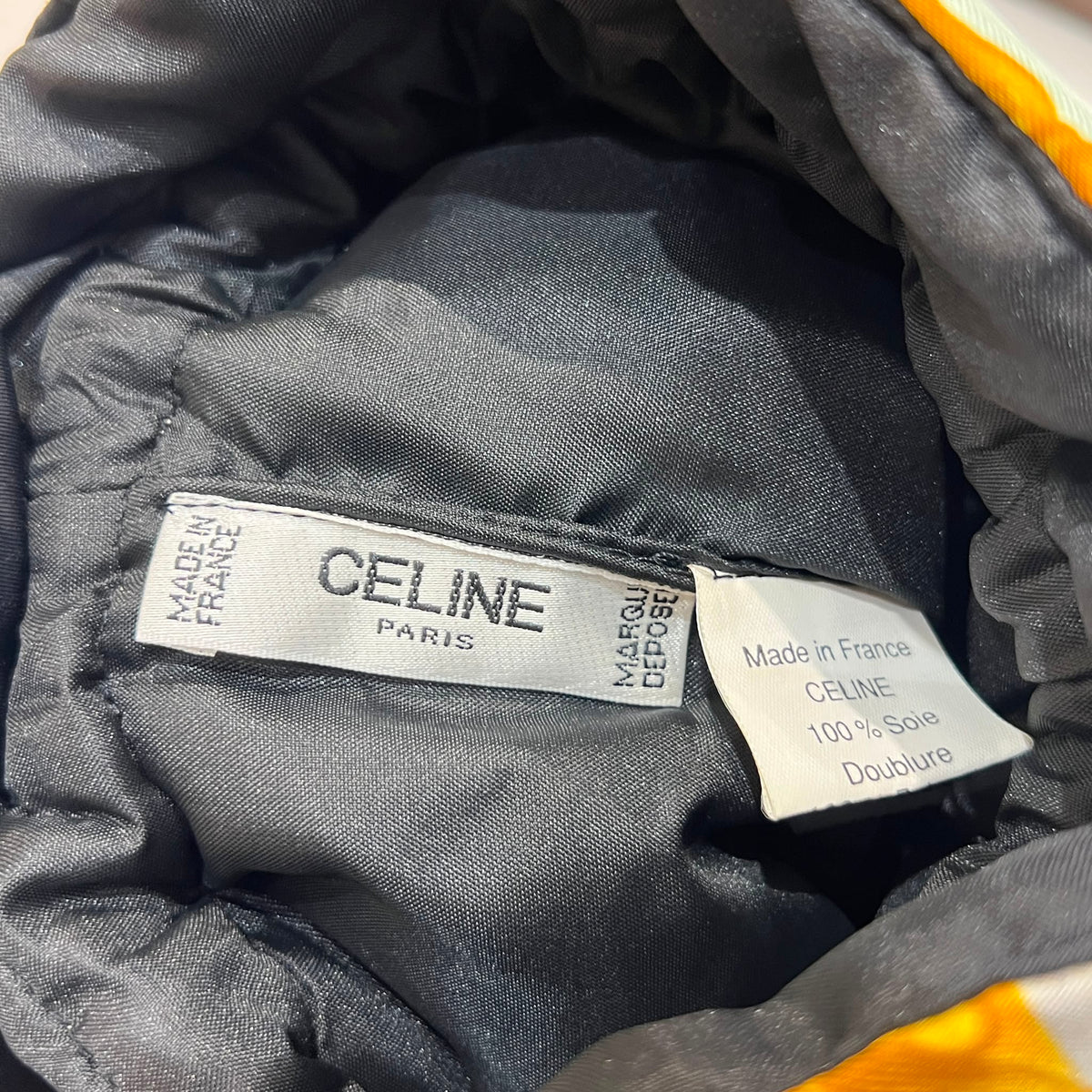 Celine Vintage Ivory Gold Silk Scarf Drawstring Pouch