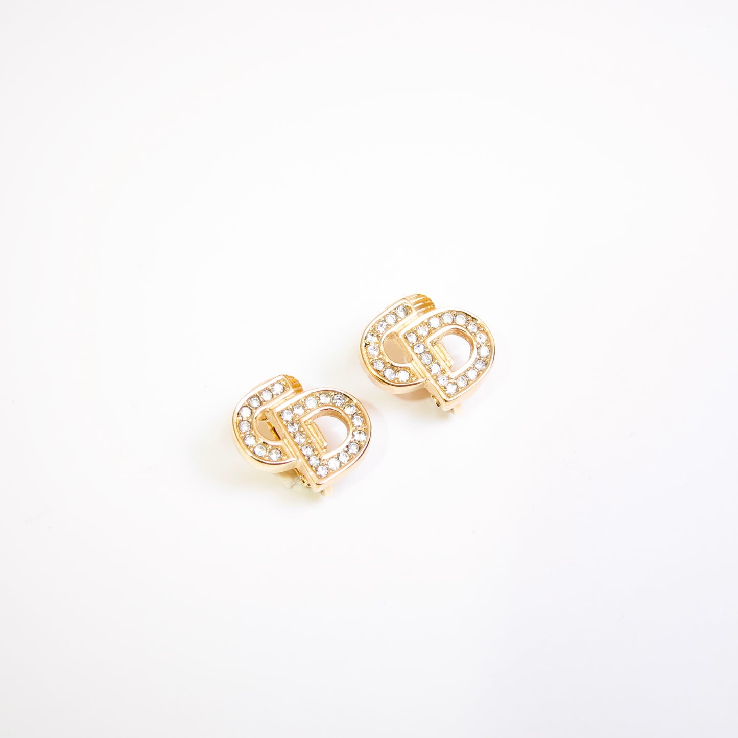 Christian Dior Vintage CD Logo with Rhinestone Golden Clip-on Earrings