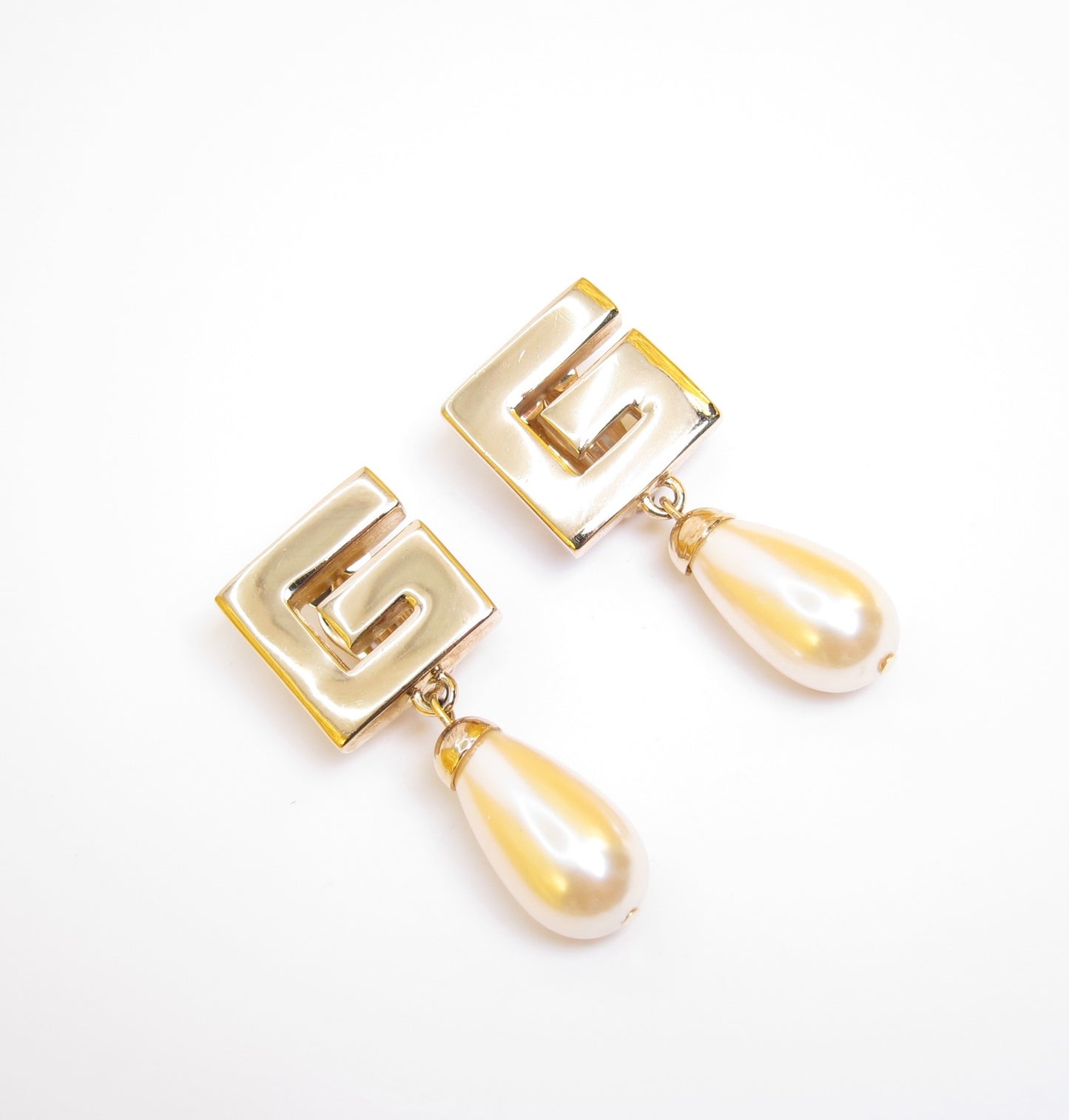 Givenchy Vintage G Logo and Pearl Swing Golden Clip-on Earrings