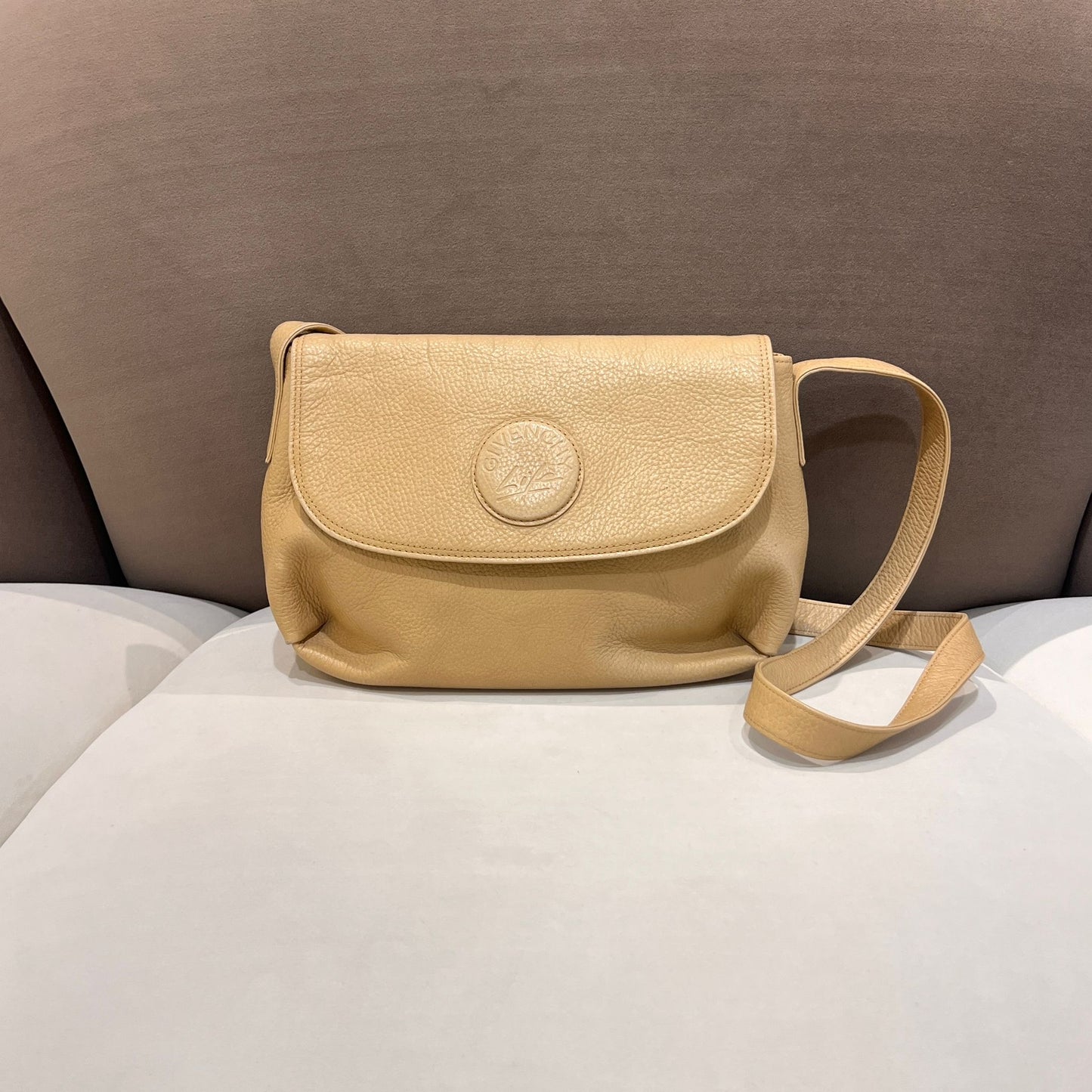 Givenchy Vintage Embossed Logo Beige Leather Shoulder Bag